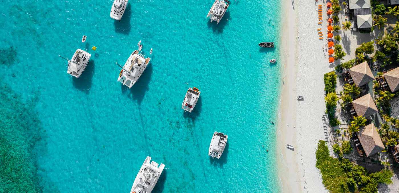 Top-down aerial of catamarans on turquoise water, British Virgin Islands, fine art print