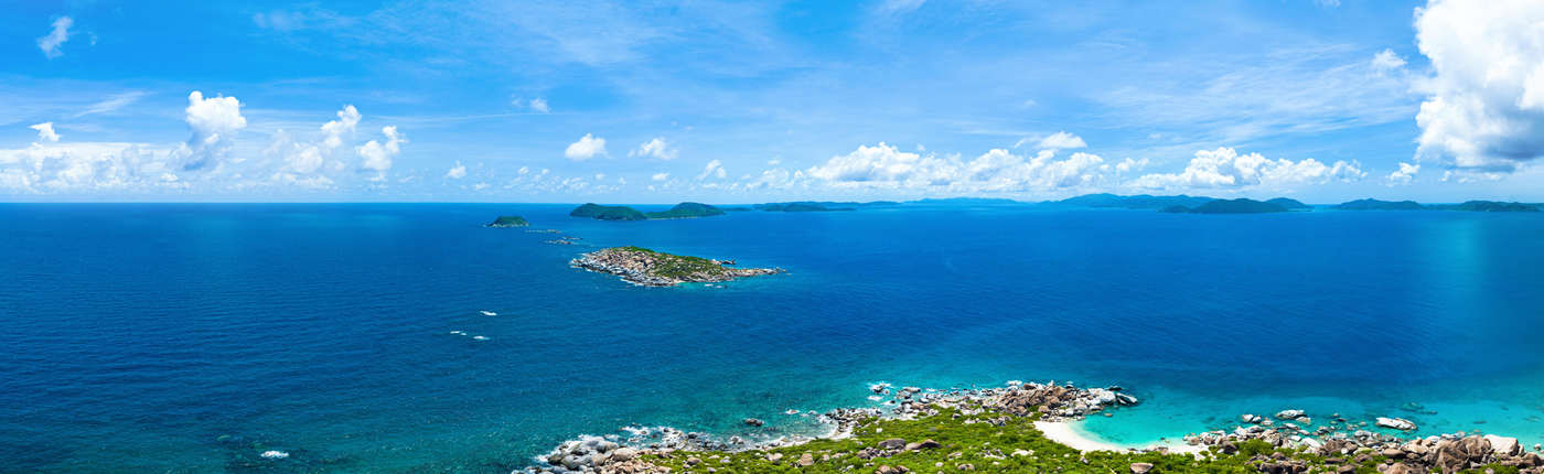 Aerial panorama of the British Virgin Islands, turquoise sea and scattered islands